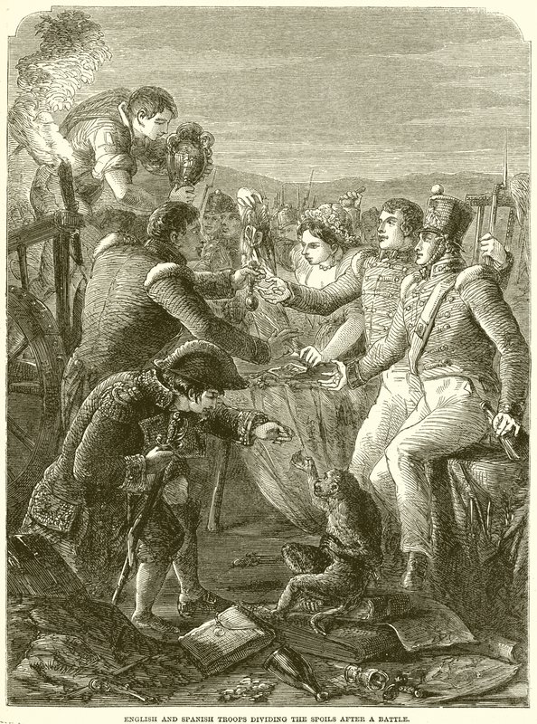 Tropas inglesas y españolas dividiendo el botín después de una batalla de English School