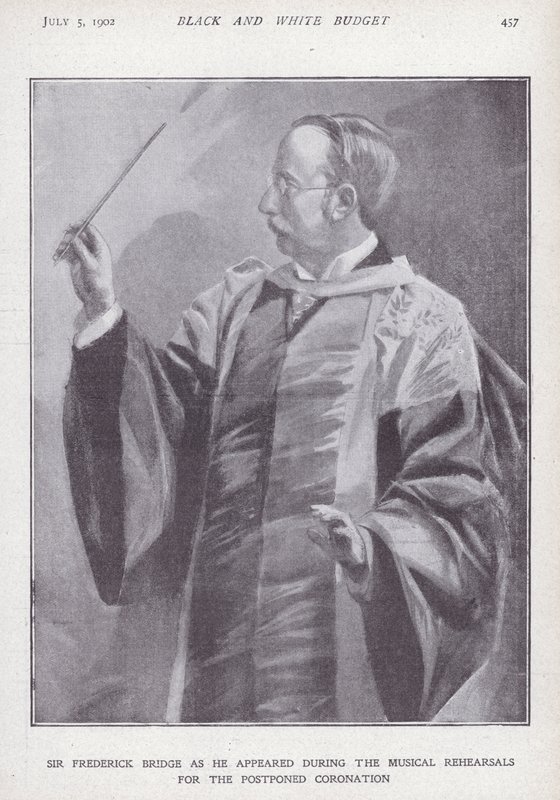 Compositor, organista y director inglés Sir Frederick Bridge ensayando para la coronación pospuesta del Rey Eduardo VII de English School