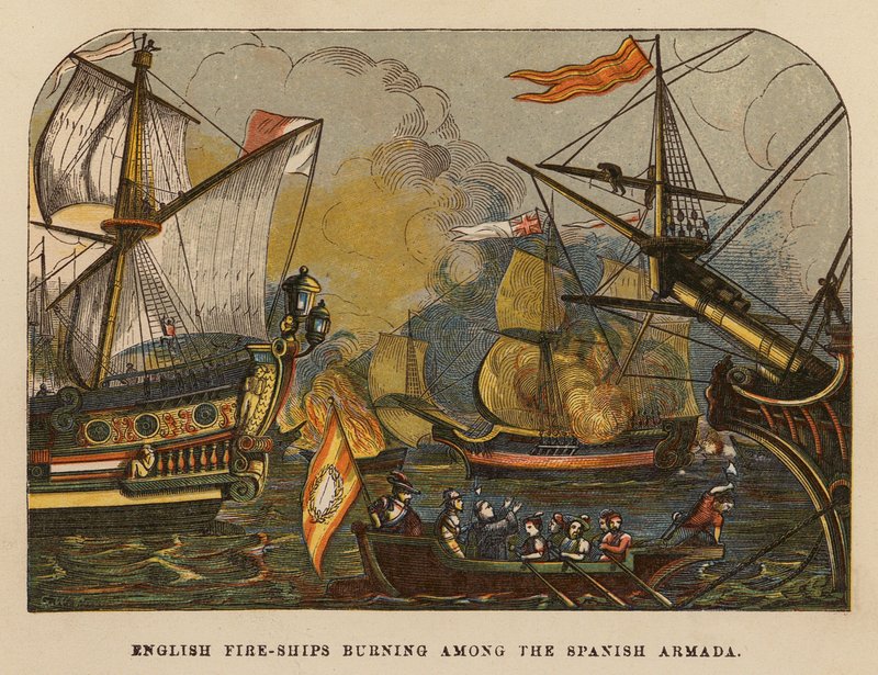 Barcos de fuego ingleses ardiendo entre la Armada española (grabado coloreado) de English School