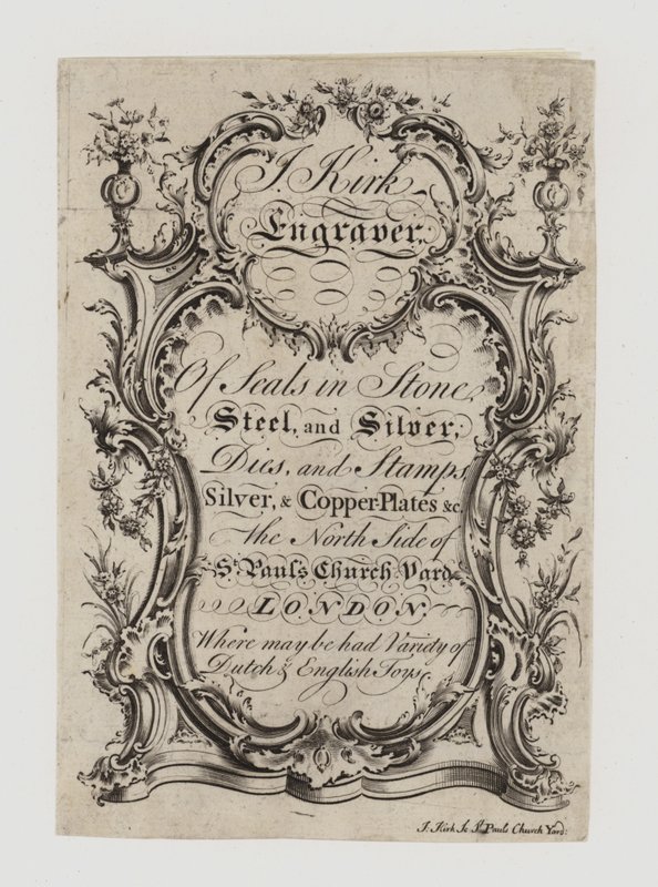 Grabadores de sellos, J Kirk, tarjeta comercial de English School