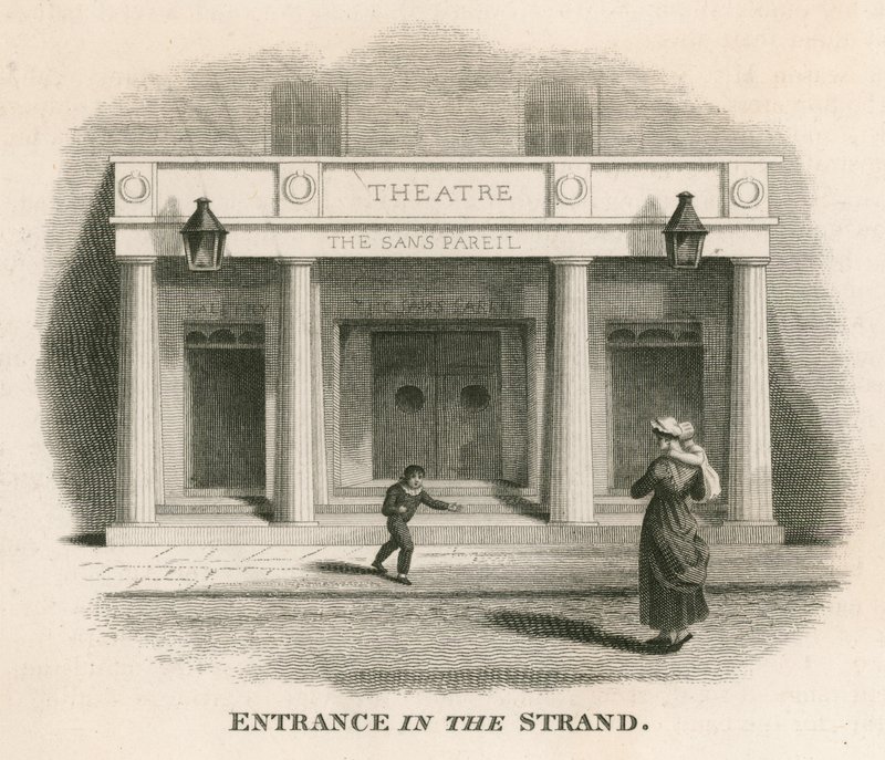 Entrada en The Strand del Teatro Sans Pareil (Teatro Adelphi), Londres de English School