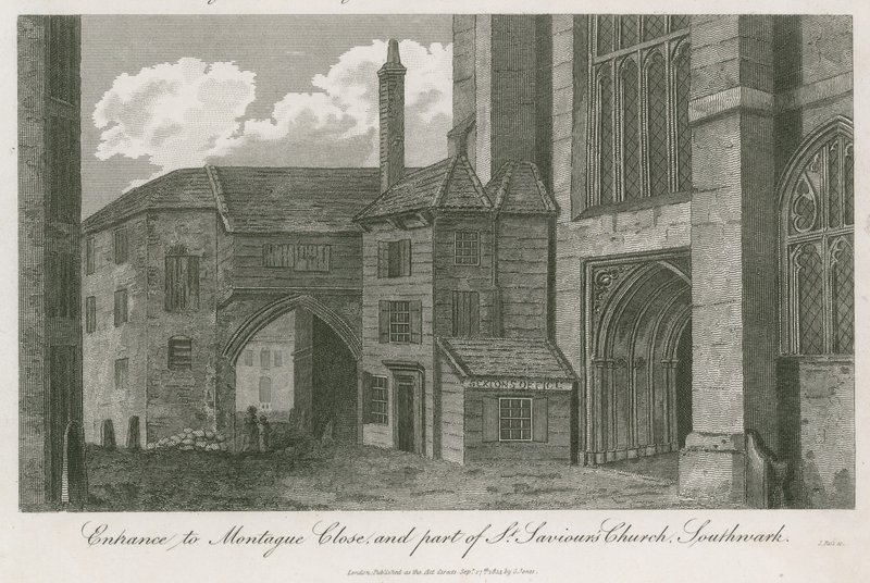 Entrada a Montague Close y parte de la Iglesia de San Salvador, Southwark, Surrey de English School