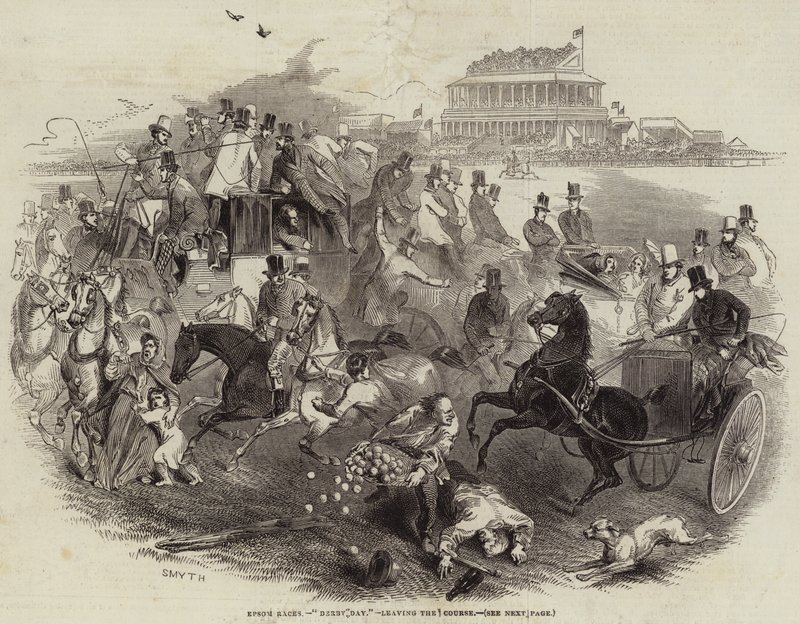 Carreras de Epsom, "Día del Derby", saliendo del curso (grabado) de English School