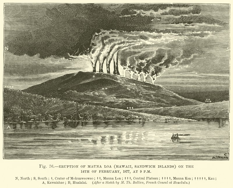 Erupción del Mauna Loa (Hawái, Islas Sandwich) el 14 de febrero de 1877, a las 9 pm de English School