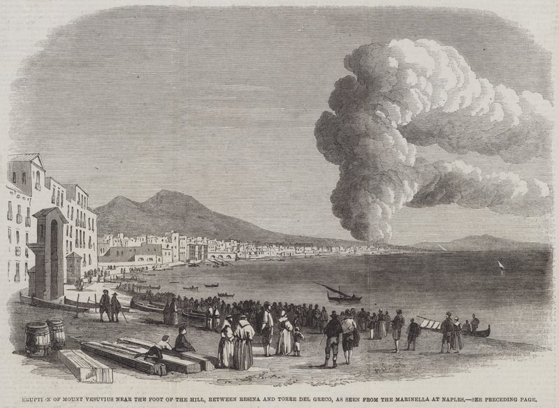 Erupción del Monte Vesubio cerca del Pie de la Colina, entre Resina y Torre del Greco, vista desde la Marinella en Nápoles (grabado) de English School