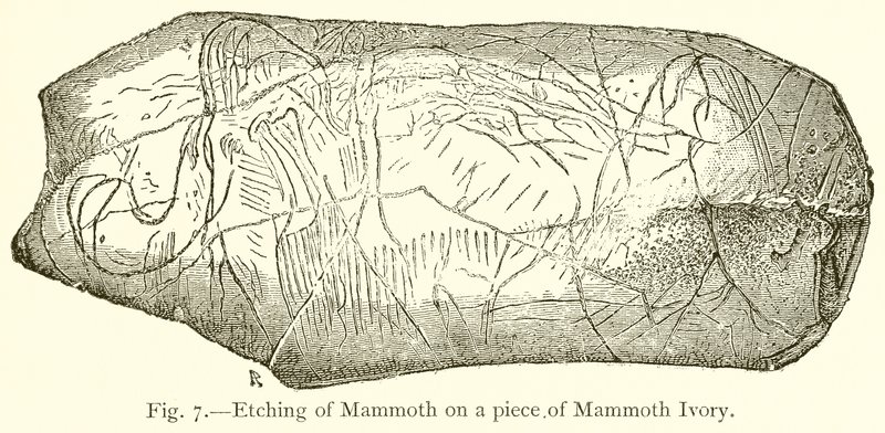 Grabado de mamut en un trozo de marfil de mamut de English School