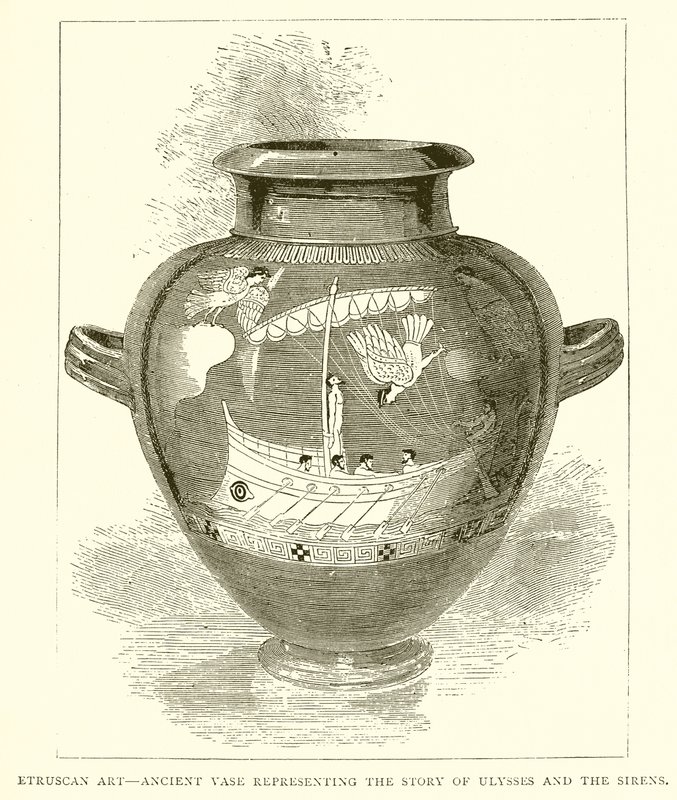 Arte etrusco: Jarrón antiguo que representa la historia de Ulises y las sirenas (grabado) de English School