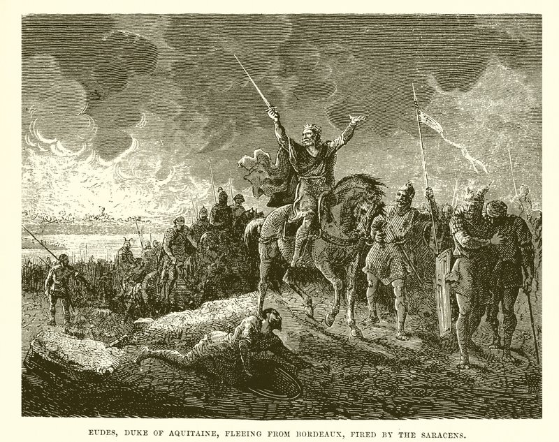 Eudes, duque de Aquitania, huyendo de Burdeos, incendiado por los sarracenos de English School