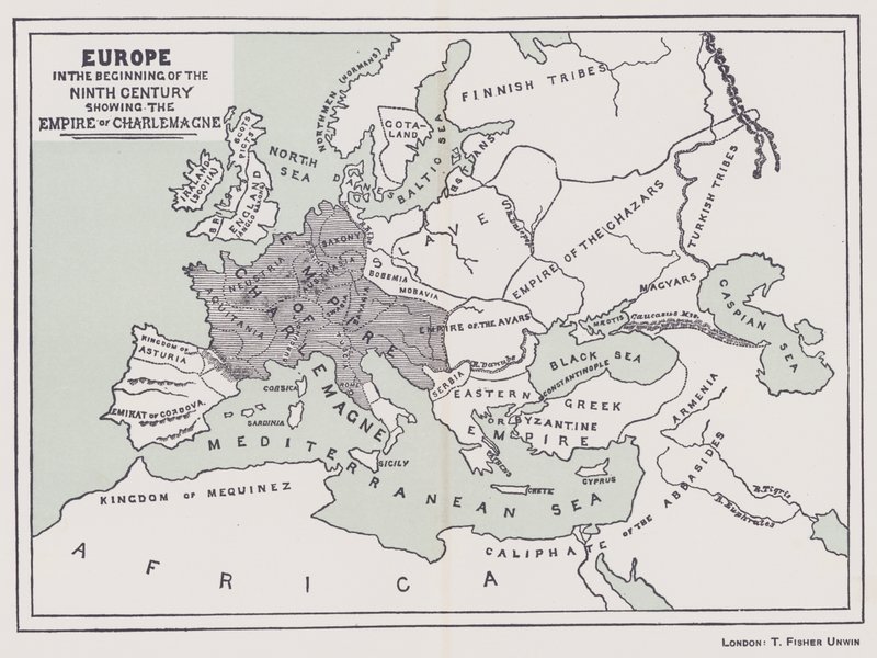 Europa, a principios del siglo IX mostrando el imperio de Carlomagno (litografía en color) de English School