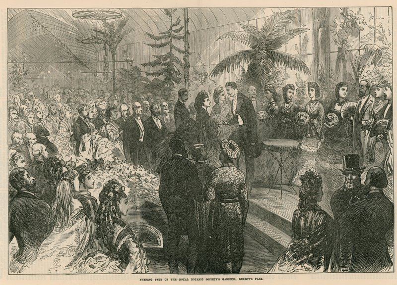 Fiesta vespertina en los Jardines de la Sociedad Real de Botánica, Regents Park, Londres de English School