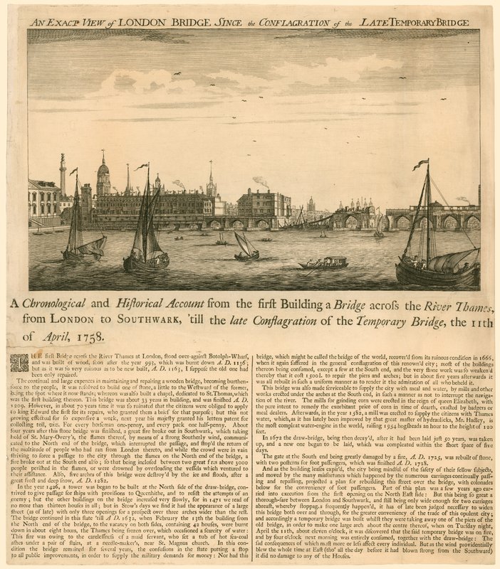 Vista exacta del Puente de Londres desde la conflagración del último puente temporal, 11 de abril de 1758 de English School