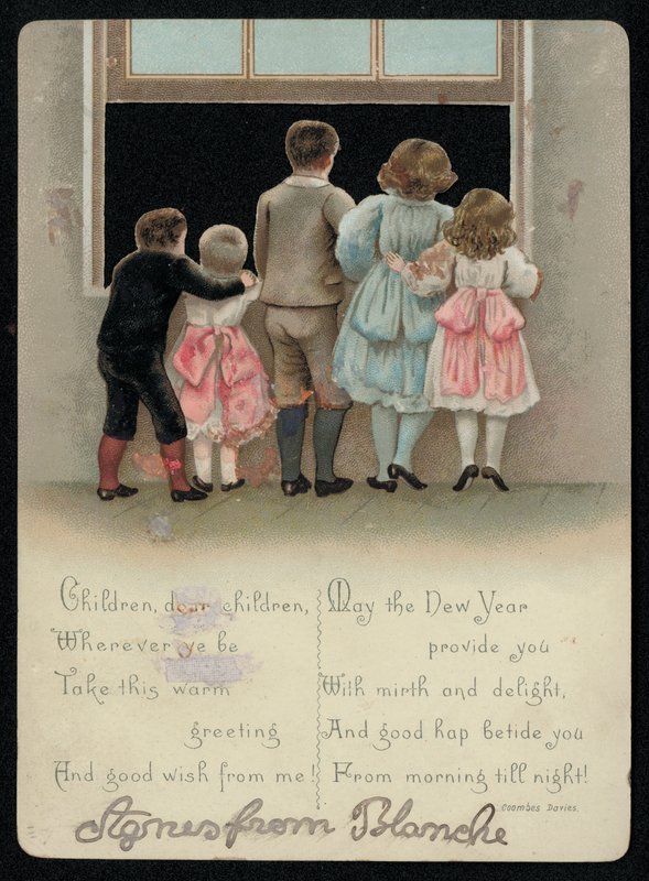 Niños emocionados mirando por la ventana, tarjeta de felicitación de Año Nuevo de English School