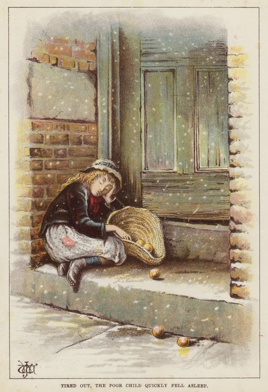 Niña agotada dormida en una puerta en la nieve (chromolitho) de English School