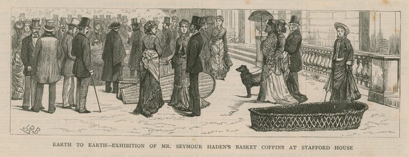 Exhibición del ataúd de cesta del Sr. Seymour Haden en Stafford House de English School