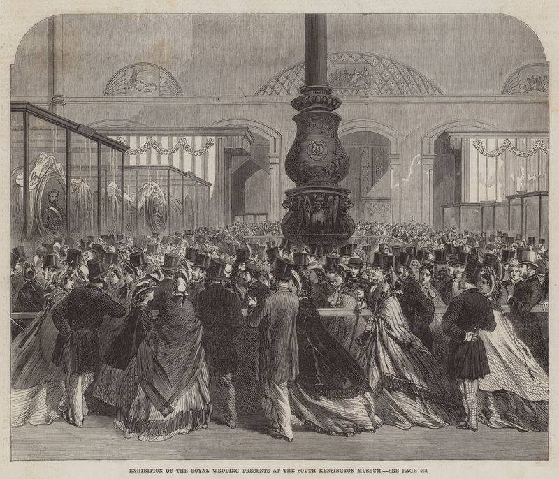 Exposición de los regalos de boda reales en el Museo de South Kensington (grabado) de English School