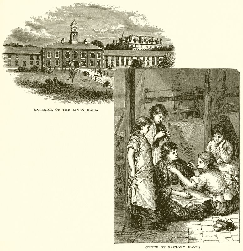 Exterior del Linen Hall. Grupo de trabajadores de fábrica de English School