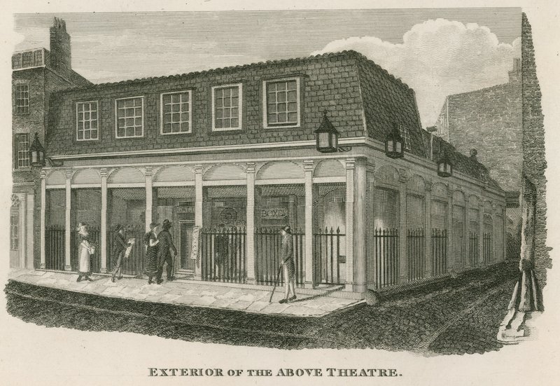 Exterior del Teatro Real Olímpico, Wych Street, cerca de Drury Lane, Londres de English School