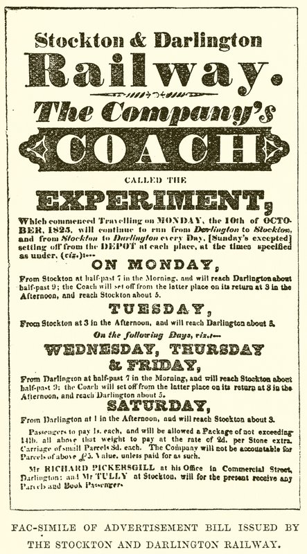 Facsímil del anuncio emitido por el Ferrocarril de Stockton y Darlington de English School