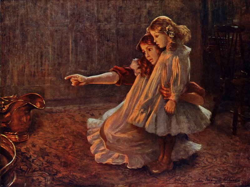 Rostros en llamas: mujer y niño mirando el fuego (litografia en color) de English School