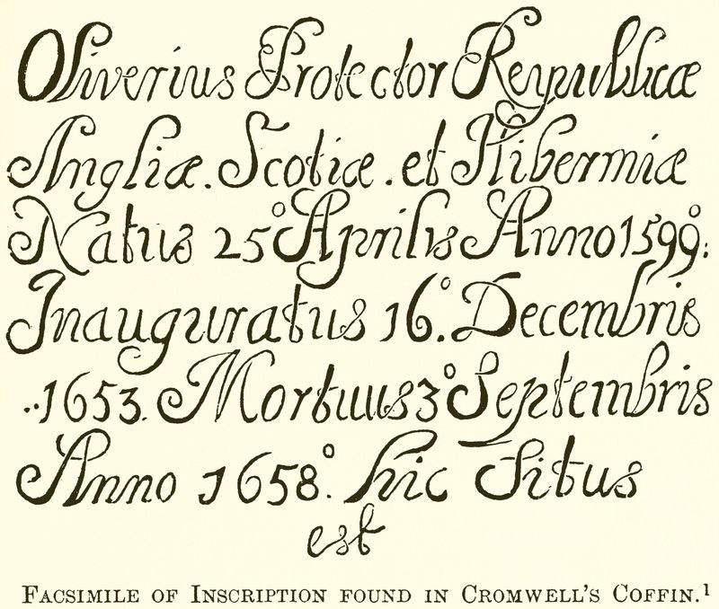 Facsímil de la inscripción encontrada en el ataúd de Cromwell de English School