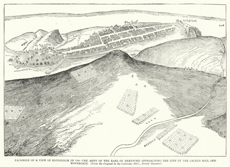 Facsímil de una vista de Edimburgo en 1544, el ejército del conde de Hertford acercándose a la ciudad por Calton Hill y Watergate (grabado) de English School