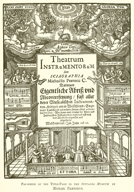 Facsímil de la portada del Syntagma Musicum de Michael Praetorius de English School