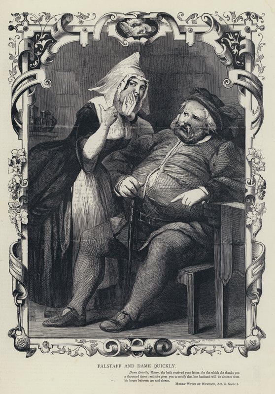 Falstaff y Dame Quickly, Merry Wives of Windsor, Acto ii, Escena 2 (grabado) de English School