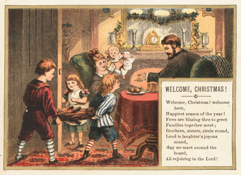 Familia preparándose para Navidad, tarjeta de Navidad de English School