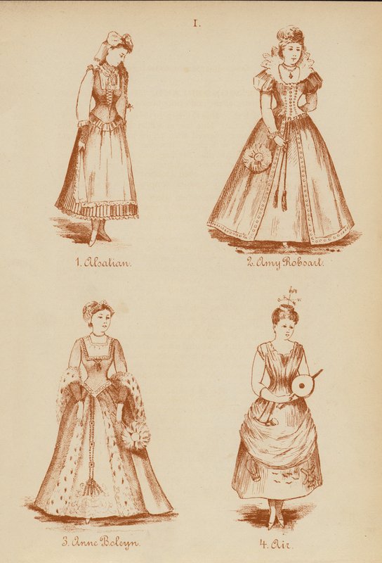 Disfraces: Alsaciana, Amy Robsart, Ana Bolena, Aire (litografía) de English School