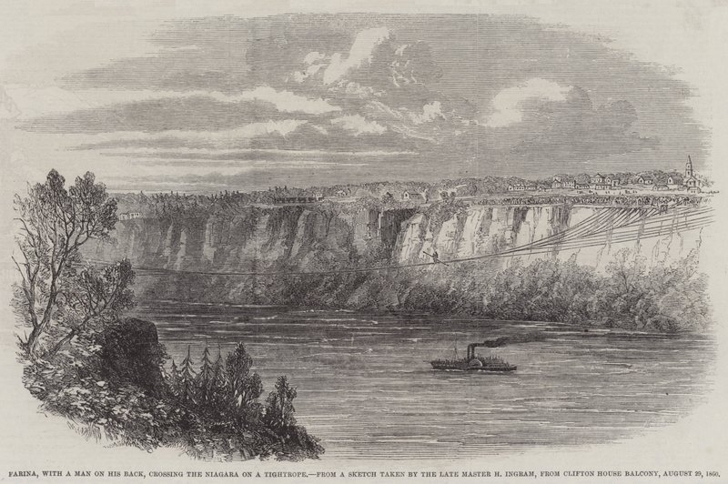 Farina, con un hombre en su espalda, cruzando el Niágara en una cuerda floja, desde el balcón de Clifton House, 29 de agosto de 1860 de English School