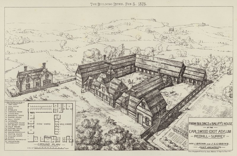 Edificios de la granja y casa del administrador en el Asilo de Idiotas de Earlswood, Redhill, Surrey de English School