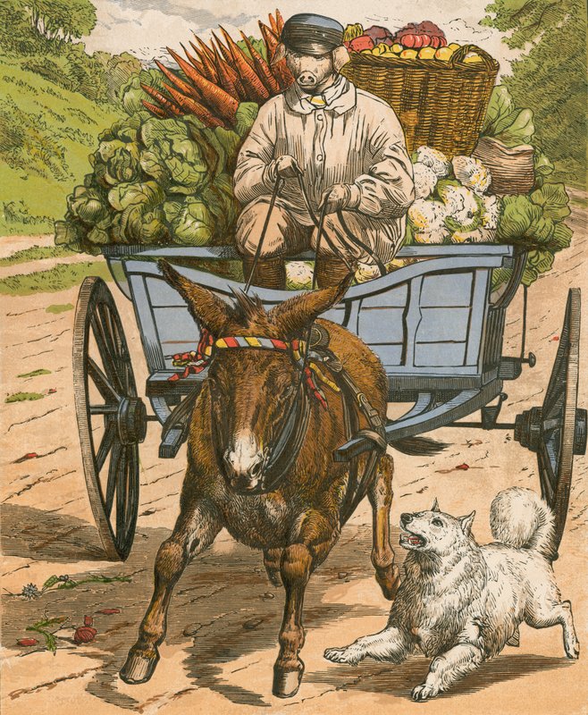 El granjero Grunter va al mercado de Hog Snorton (litografía en color) de English School