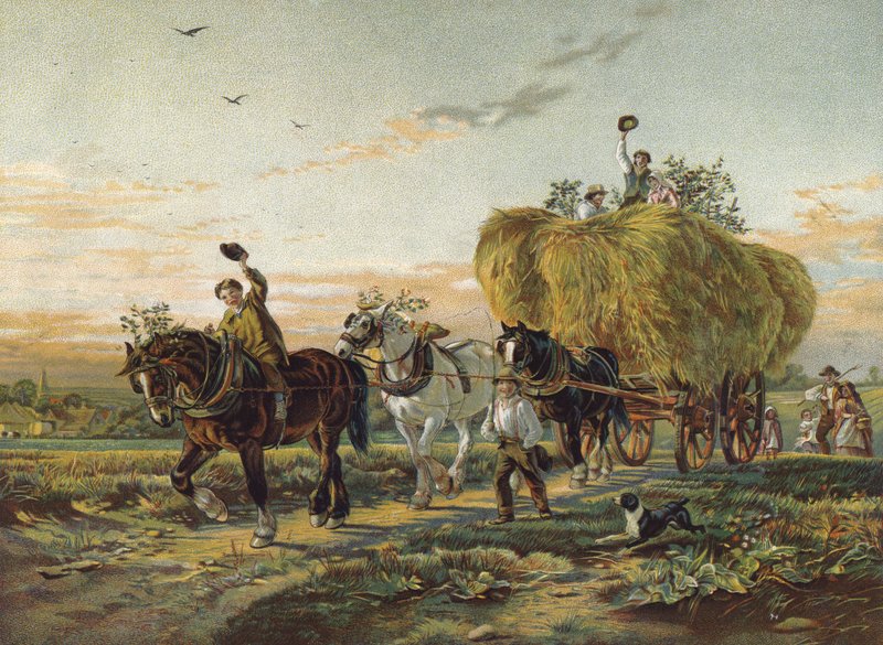 Campesinos regresando del campo con carro de heno de English School