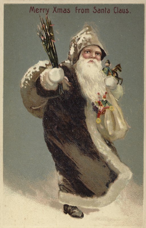 Papá Noel con un abrigo de piel, llevando regalos de English School