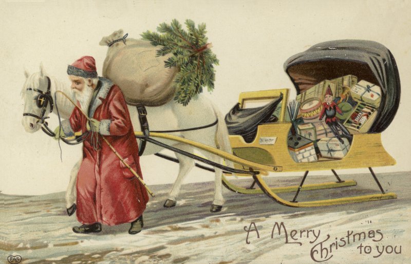 Papá Noel tirando de un trineo de regalos de English School