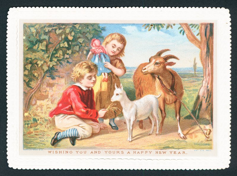 Alimentando a las cabras, tarjeta de Año Nuevo de English School