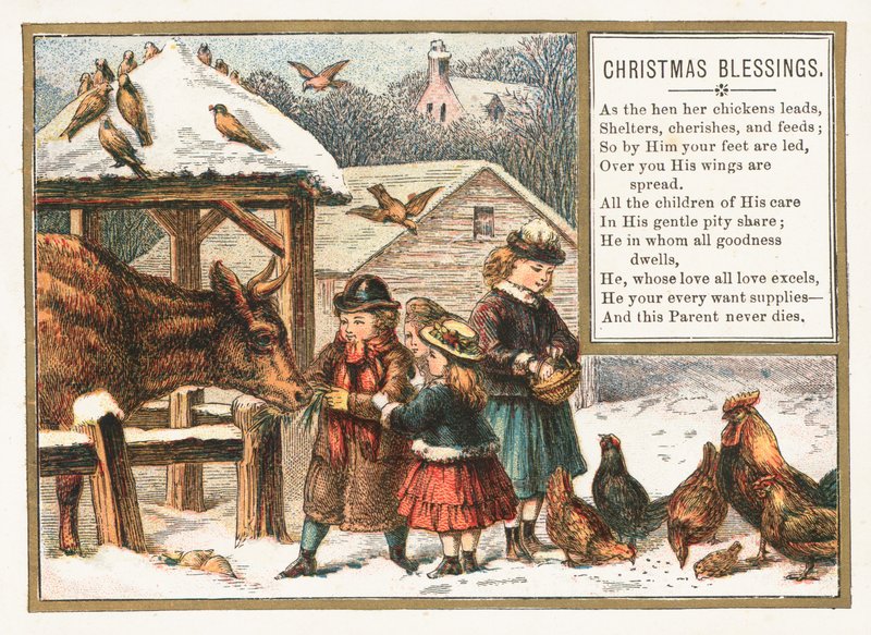 Alimentando a los animales en la nieve, tarjeta de Navidad de English School