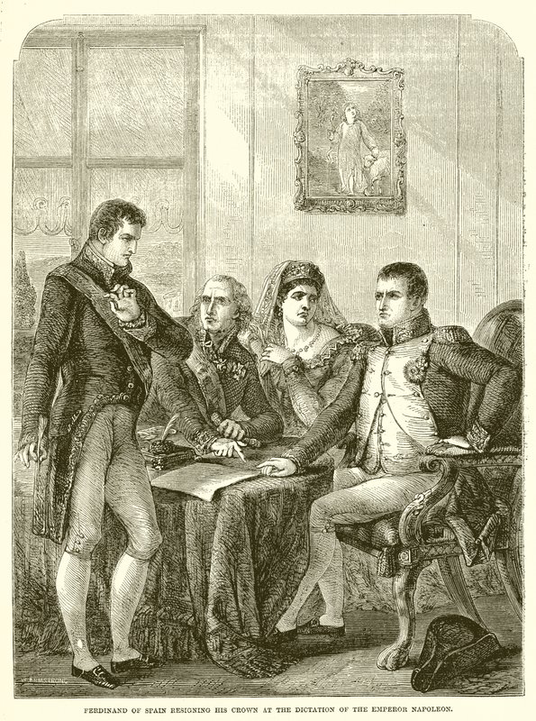Fernando de España renunciando a su corona bajo la dictadura del emperador Napoleón de English School