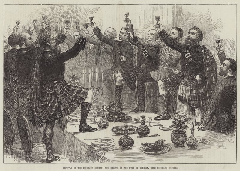 Festival de la Sociedad de las Tierras Altas, brindis por la salud del Duque de Rothsay, con honores de las Tierras Altas (grabado) de English School