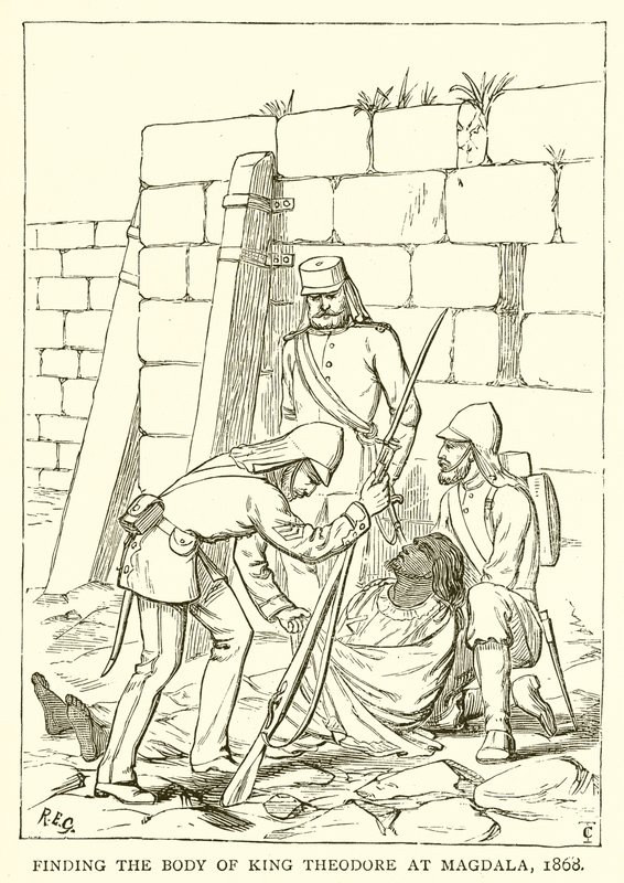 Encontrando el Cuerpo del Rey Teodoro en Magdala, 1868 de English School