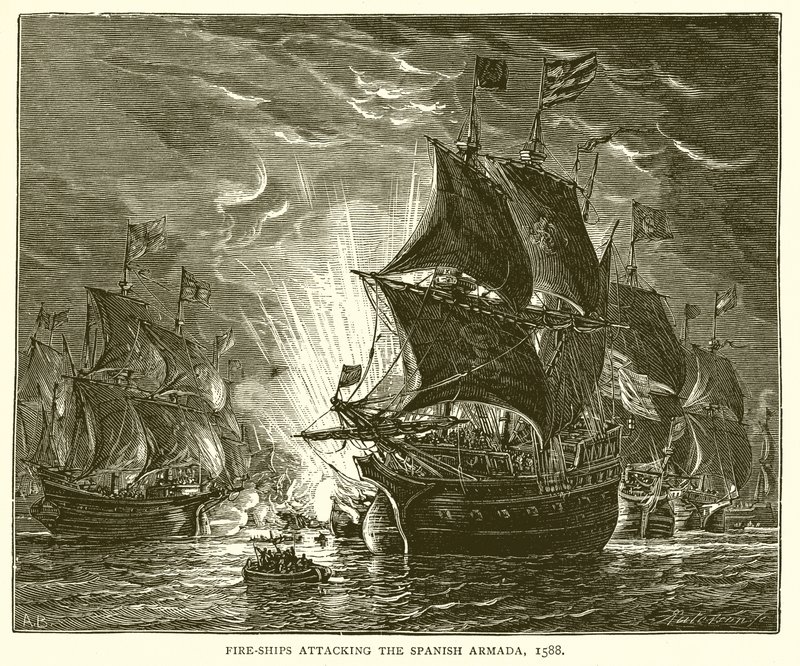Barcos de fuego atacando la Armada Española, 1588 de English School