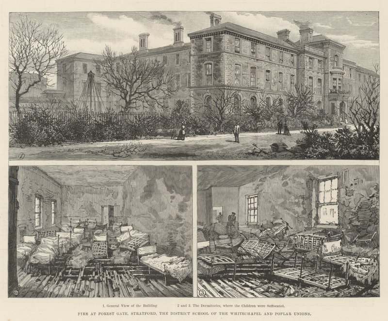 Incendio en Forest Gate, Stratford, la escuela del distrito de las uniones de Whitechapel y Poplar de English School