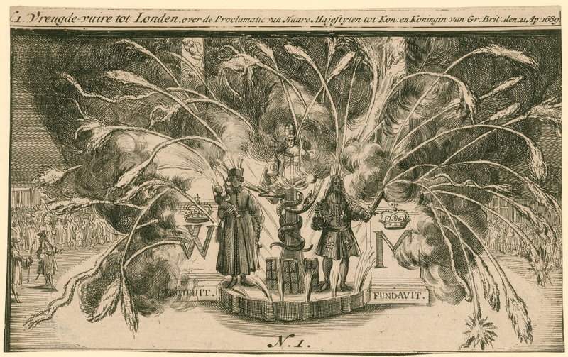 Fuegos artificiales para la coronación de Guillermo y María de English School