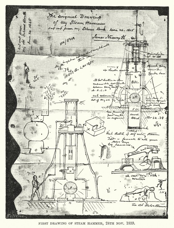 Primer Dibujo del Martillo de Vapor, 24 de noviembre de 1839 (grabado) de English School
