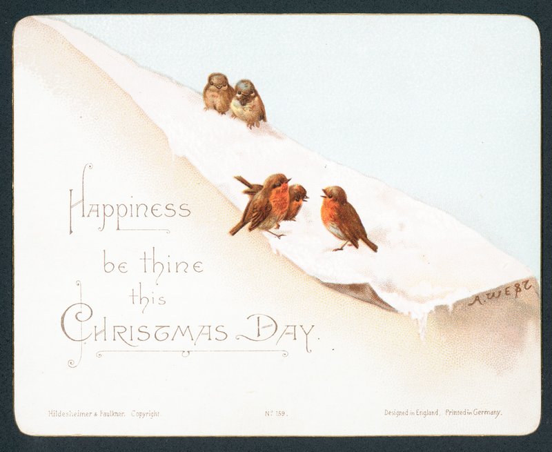 Cinco pequeños petirrojos en la nieve, tarjeta de Navidad de English School
