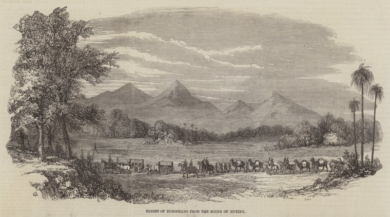 Huida de los europeos del lugar del motín (grabado) de English School