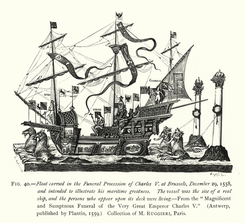 Carroza llevada en el cortejo fúnebre de Carlos V en Bruselas, 29 de diciembre de 1558, destinada a ilustrar su grandeza marítima (grabado) de English School