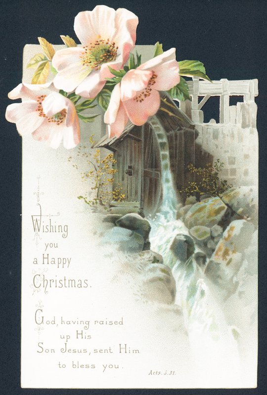 Flores y cascada de agua, tarjeta de Navidad de English School