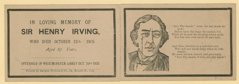 Tarjeta plegable anotando el fallecimiento de Sir Henry Irving, actor, quien murió el 13 de octubre de 1905 de English School