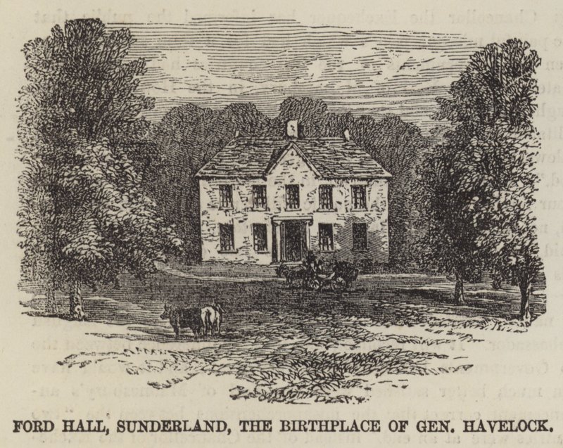 Ford Hall, Sunderland, el lugar de nacimiento del General Havelock (grabado) de English School